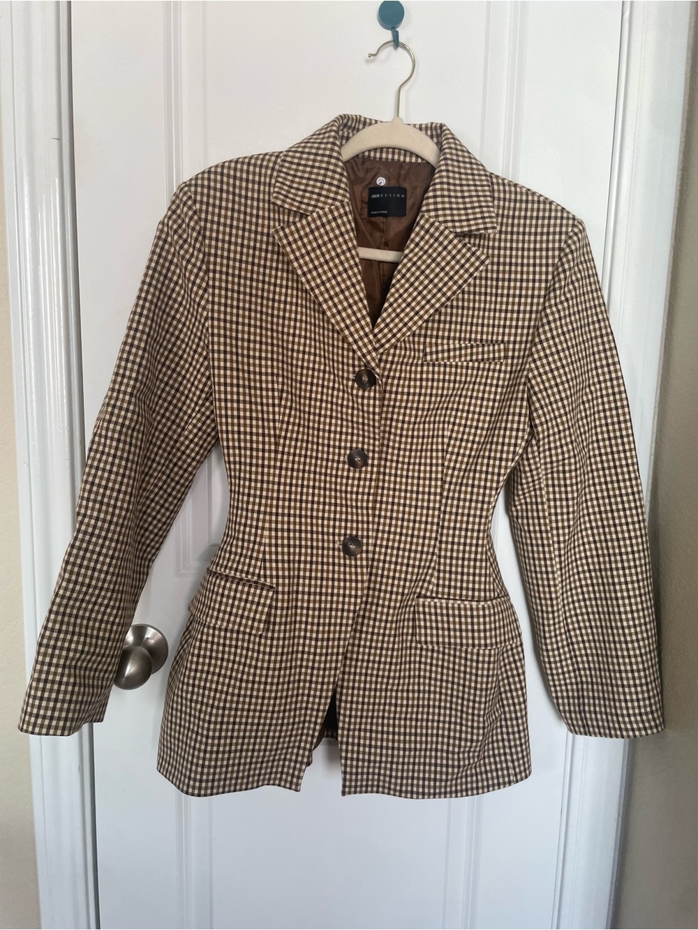 ASOS cinched waist Tailored  Houndstooth Blazer Jacket - Beige/Brown - Picture 6 of 8